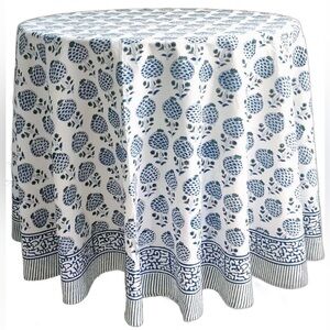 Atosii Roma blue 90” round cotton Indian block print tablecloth